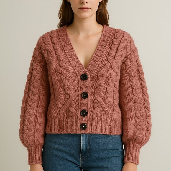 Sea New York Pink Cable Knit Wool Alpaca Blend Balloon Sleeve Cropped Cardigan X - Picture 8 of 10
